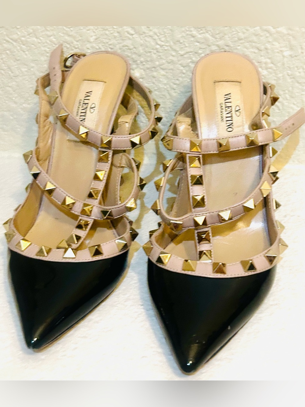 Valentino Garavani Black & Nude Rockstud Pointed-Toe Strappy Mules